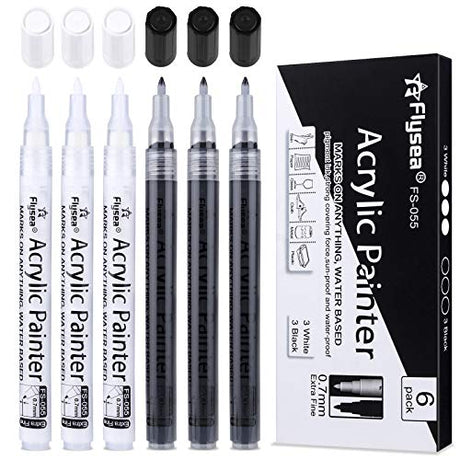 NAWOD Paint Pens White Black Acrylic Marker 6 Pack, Acrylic Permanent Marker, White Paint Pens for Rock Ceramic Wooden Leather Glass Painting Metal NAWOD