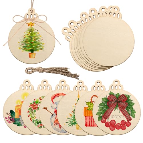 Artmag 100pcs Christmas Unfinished Wood Wooden DIY Hanging Ornaments Blank Round Wood Discs for Kids Crafts Centerpieces Holiday Christmas Hanging Artmag