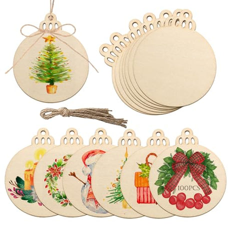 Artmag 100pcs Christmas Unfinished Wood Wooden DIY Hanging Ornaments Blank Round Wood Discs for Kids Crafts Centerpieces Holiday Christmas Hanging Artmag