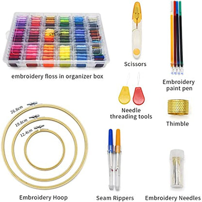 ATTERET Full Range Embroidery and Cross Stitch Starter Kit with Premium Storage Organizer Bag, Includes 99 DMC Coded Cotton Threads, 9 Metallic - WoodArtSupply