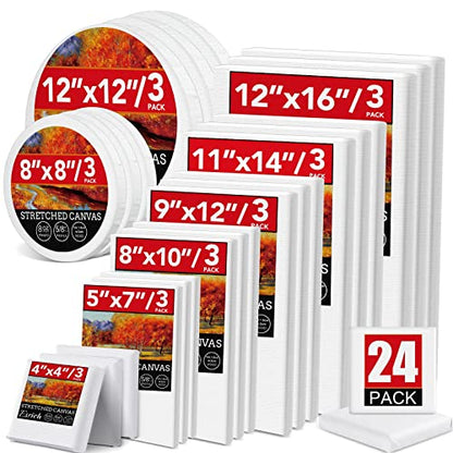 24 Pack Canvases for Painting with 4x4, 5x7, 8x10, 9x12, 11x14, 12x16, Round Canvas with 12x12, 8x8, 3 of Each, Painting Canvas for Oil & Acrylic