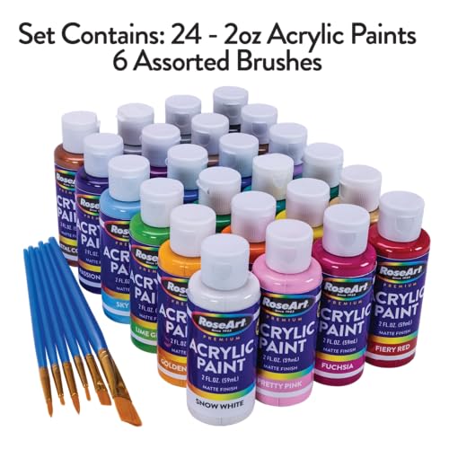 RoseArt Acrylic Paint Set with Brushes, 24 Color Acrylic Paint 2-Ounce Bottles each with 6pc Brush Set RoseArt