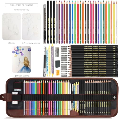 Heshengping Sketch & Drawing Art Pencil Kit-50 Piece Set, Include 24 Color Pencil(For Adult Kid Coloring Books) & Graphite Charcoal-Pencil Etc., Art - WoodArtSupply