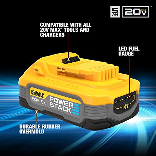 DEWALT 20V MAX Battery, POWERSTACK, More Power + More Compact, Rechargeable 5Ah Lithium Ion Battery (DCBP520) DEWALT