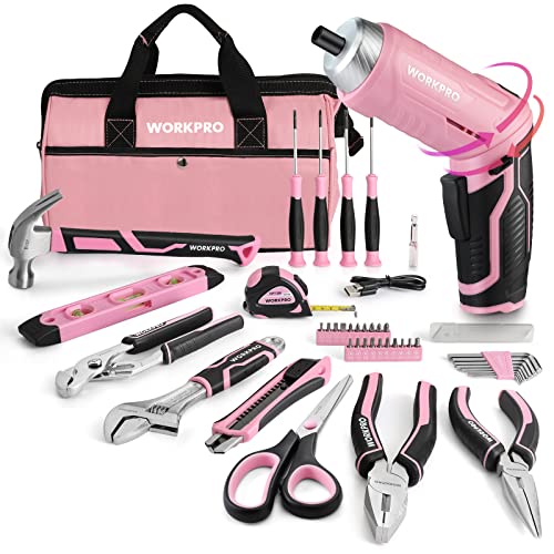 WORKPRO 53-Piece Pink Tool set with Electric Cordless Screwdriver, Basic Tool Kit Set for Women with 13'' Portable Tool Bag for DIY Home WORKPRO
