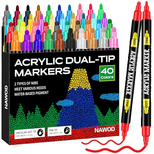 NAWOD 40 Colors Dual Tip Acrylic Paint Pens Markers, With Fine and Medium Tip, for Rock Painting, Canvas, Wood, Glass, Ceramic, Stone, Fabric,