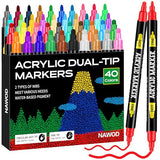 NAWOD 40 Colors Dual Tip Acrylic Paint Pens Markers, With Fine and Medium Tip, for Rock Painting, Canvas, Wood, Glass, Ceramic, Stone, Fabric, NAWOD