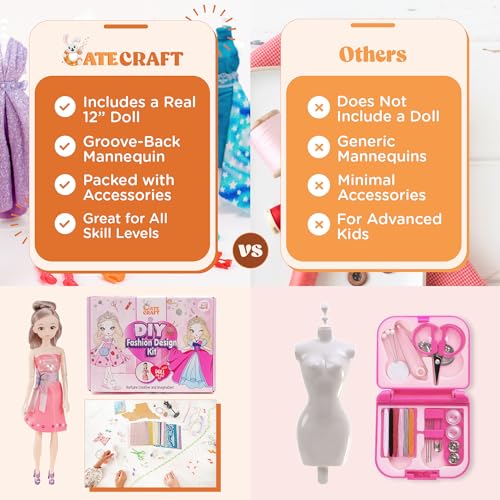 Cate Craft Fashion Design Sewing Kit for Kids, DIY Kids Fashion Design Kit for Making Doll Clothes, Complete with a 12-inch Doll, 2 Mannequins,