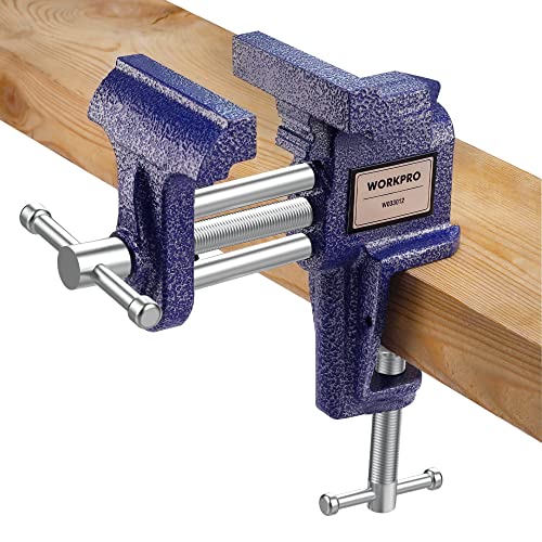 WORKPRO Clamp-On Vise, 3 Inch Jaw Width Portable Bench Clamp, Fixed Tool for Woodworking, Metalworking, Cutting Conduit, Drilling, Sawing, Blue