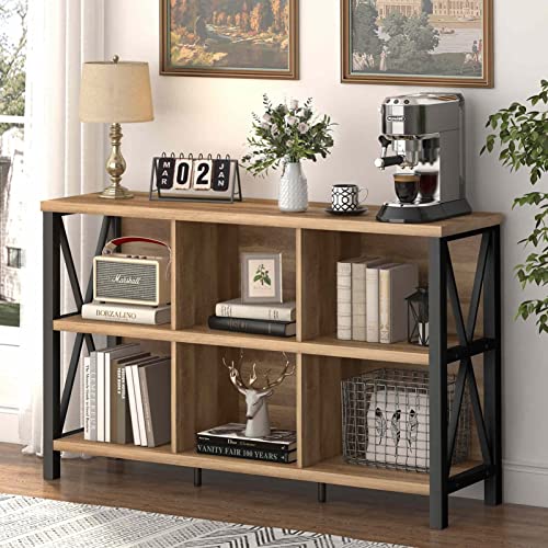 FATORRI Rustic Oak 6-Cube Storage Organizer – Industrial Horizontal Bookshelf with Durable Metal Frame FATORRI