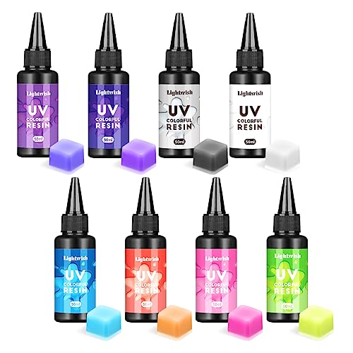Colored UV Resin,8 Colors UV Resin Kit,Quick Ultraviolet Curing Epoxy Resin for Craft,Jewelry Making,DIY Making, (50g Each) LIGHTWISH
