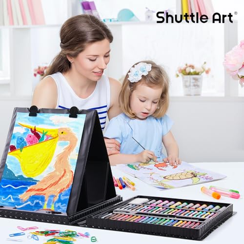 Shuttle Art 335 Piece Kids Art Set, MULTI-MEDIA Art Supplies, Gift Art Kit with Trifold Easel, 2 Drawing Pads, 2 Coloring Books, Oil Pastels, Crayons