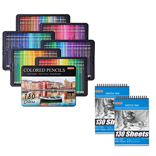 Shuttle Art Colored Pencils and Sketch Pad Bundle, Set of 180 Colored Pencils+ 260 Sheets Sketch Pad - WoodArtSupply