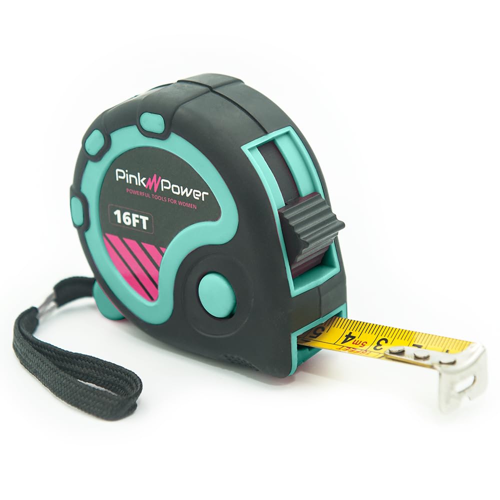 Pink Power 16ft Blue Tape Measure - Small Measuring Tape Measure for Tool Kit with Retractable Blade and Lock Button - Small Tape Measure - Heavy Pink Power