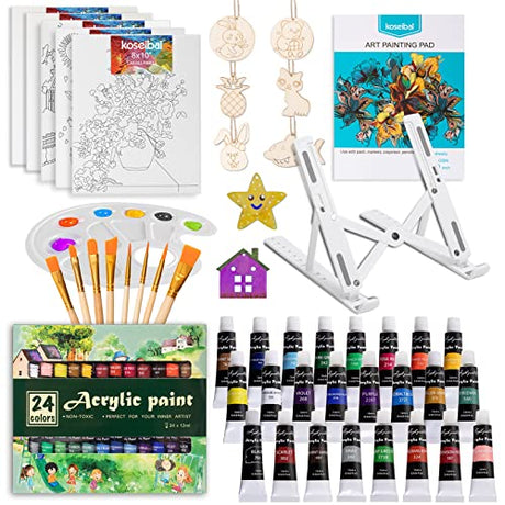 48 Piece Painting kit with 24 Acrylic Paints, 8 DIY Wooden Stencils 5 Canvas Panels 8 Brushes, Table Easel, Etc, Art Supplies Set for Kids Students koseibal