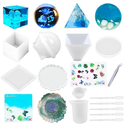 Resin molds, Silicone Kit for beginner, Silicone Molds for Epoxy Resin Casting, Including Sphere, Cube, Pyramid and 3pcs Coaster Moulds-Round,