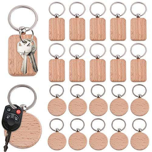 20 Pieces Wooden Keychain Blanks Wood Engraving Blanks Personalized Key Tags with Ring Unfinished Wood Keychain for DIY Craft Accessories - WoodArtSupply