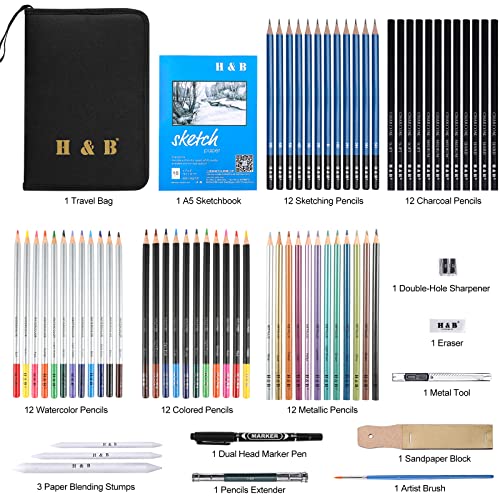 H & B 72-Piece Professional Art Pencil Supply Set, Sketchbook Sketch Kit, Watercolor, Graphite, Metal, Charcoal Pencil Artist Beginner Adult Teen H & B