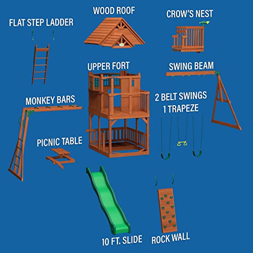 Backyard Discovery, Skyfort II Playground Cedar Wood Swing Set with Playhouse Fort, Sandbox, Picnic Table, Slide, Monkey Bars, Swings, Rock Climber,