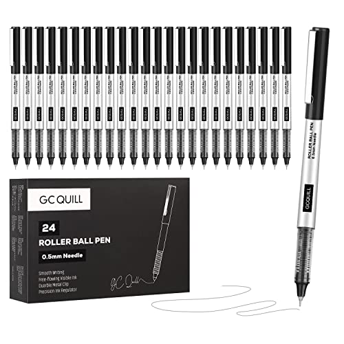 GC QUILL Rollerball Pens, Pack of 24, 0.5mm Black Liquid Ink Pens for Bullet Journaling, Fine Point Rollerball, Office Supplies for Writing, Taking GC QUILL