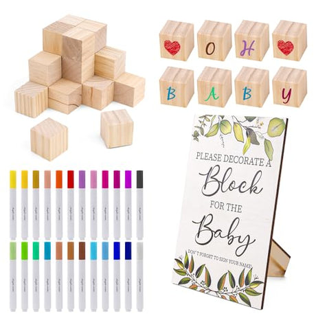 PEUTIER 75pcs Baby Wooden Shower Games Kit, 50 DIY Baby Unfinished Shower Block with Game Sign 24 Acrylic Paint Marker Baby Cubes Crafts Game Prizes PEUTIER