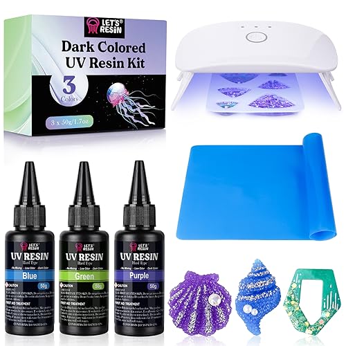 LET'S RESIN UV Resin with Light, 3 Colors(Blue, Green, Purple) Colored UV Resin Kit with Light&Large Silicone Mat, 150g Clear Hard UV Epoxy Resin