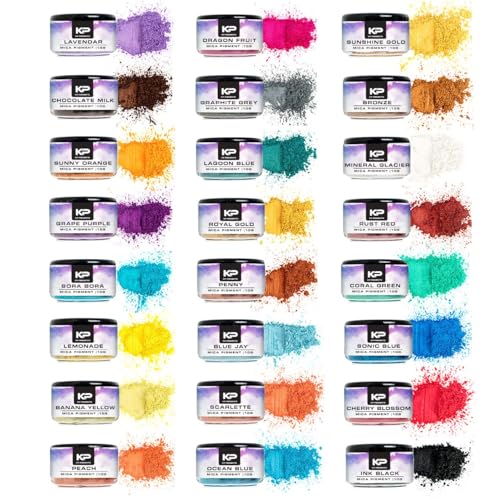KP Pigments Pearlescent 100% Pure Fine Mica Powder - 24 Color Assortment 10 Grams Each Naturally Pigmented Multipurpose DIY Arts and Crafts, Dye,