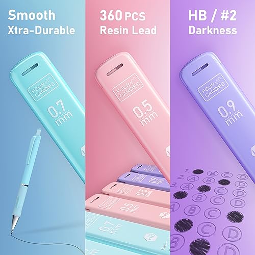 Four Candies Pastel Mechanical Pencil Set - 6PCS 0.5 mm & 0.7 mm & 0.9 mm Cute Mechanical Pencils with 360PCS HB Lead Refills, 3PCS Erasers and 9PCS Four Candies