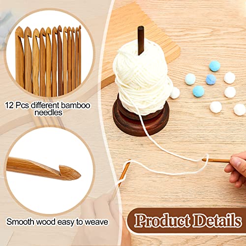 2 Pcs Wood Yarn Holder with 12 Bamboo Crochet Hooks Wooden Yarn Holder with Twirling Mechanism Wooden Rotating Yarn Crochet Needles for Knitting - WoodArtSupply