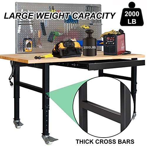 59" Bamboo Wood Garage Workbench w/Power Outlets & Drawer,Adjustable Height 25.4"-35.2",Multifunctional Workstation on Wheels 2000 Lbs Commercial RELIANCER