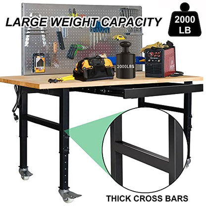 59" Bamboo Wood Garage Workbench w/Power Outlets & Drawer,Adjustable Height 25.4"-35.2",Multifunctional Workstation on Wheels 2000 Lbs Commercial