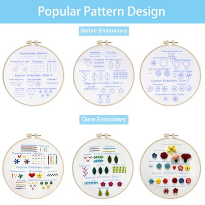 Embroidery Kit Beginners Embroidery Stitch Practice kit, chfine 3 Sets Hand Embroidery Starter Kit with 1 Hoop Learn 25 Different Stitches for Craft