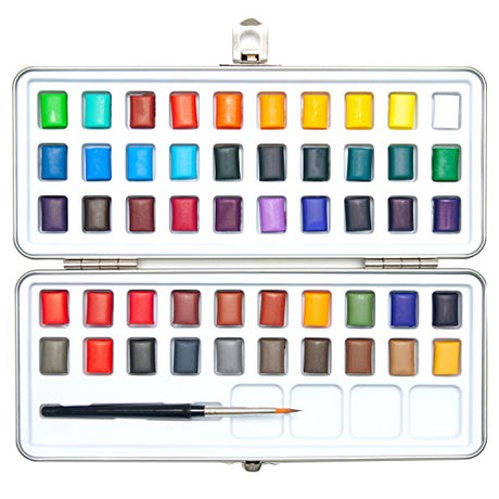 ARTISTIK Watercolor Paint Set - 50 Colors in Half Pan Palette and Portable Metal Tin - Assorted Vivid Color Paints with Paint Brush for Kids, ARTISTIK