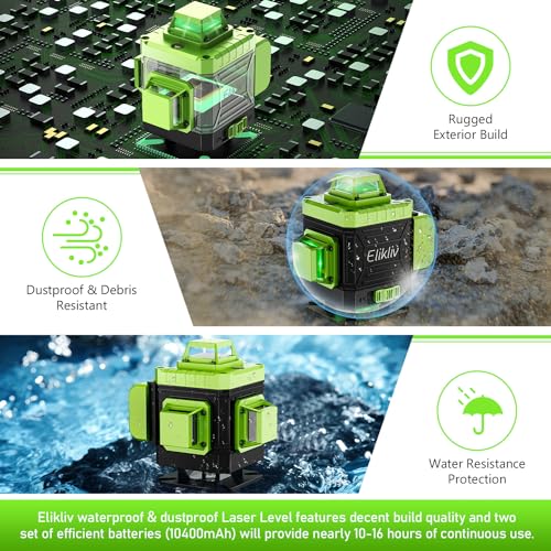 Laser Level Self Leveling - Elikliv 200ft Outdoor Robust Indoors 4D Green Cross Line Laser Level 4x360 Horizontal Vertical Dual-beam Lasers for DIY Elikliv
