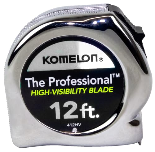 Komelon 412HV High-Visibility Professional Tape Measure, 12-Feet by 5/8-Inch, Chrome, Yellow, 12ft - Blade Komelon