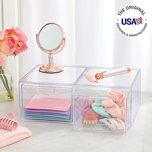 STORi Audrey Stackable Clear Bin Plastic Organizer Drawers | 2 Piece Set | Organize Cosmetics and Beauty Supplies on a Vanity | Made in USA STORi