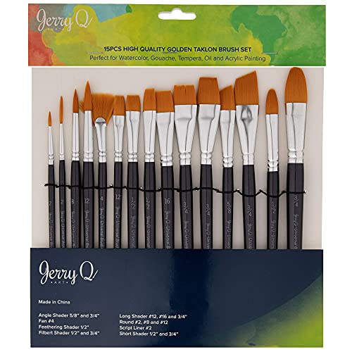 Jerry Q Art 15 pcs Golden Taklon Brush Set for Acrylic, Tempera, Watercolor, Oil Painting, Silver Ferrule with Violet Short Wooden Handles JQ151 Jerry Q Art