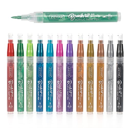 ZEYAR Acrylic Paint Pens, Brush Tip, Water based, Metallic Colors, Writes on Paper, Rock, Rubber, Ceramics, Wood, Glass and more (12 Metallic Colors) - WoodArtSupply