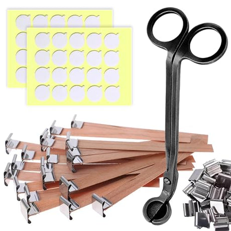 BELMAKS 151PCS Candle Making Set – Wooden Candle Wicks with Metal Base for Candle Making Smokeless Wood Wicks for Candles with Candle Wick Trimmer BELMAKS