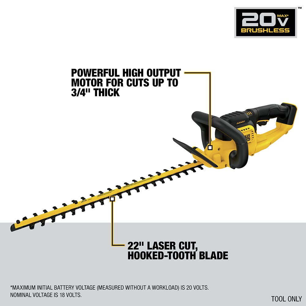 DEWALT 20V* MAX Cordless Hedge Trimmer, 22 Inches, Tool Only (DCHT820B), Battery Powered, Black/Yellow DEWALT