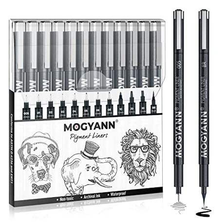 Mogyann Drawing Pens Black Art Pens for Drawing 12 Size Waterproof Ink Pens for Artists Sketching, Manga, Writing Mogyann