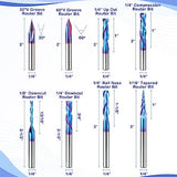 HQMaster CNC Router Bits 1/4 Inch Shank Carving Bit 8 Pcs Set for Wood Detail Profile V Groove Engraving Solid Carbide CNC Router Bit Collection HQMaster