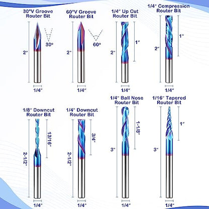 HQMaster CNC Router Bits 1/4 Inch Shank Carving Bit 8 Pcs Set for Wood Detail Profile V Groove Engraving Solid Carbide CNC Router Bit Collection - WoodArtSupply