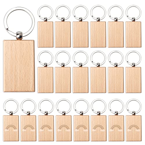20 Pieces Blank Wooden Key Chain, Rectangle Wood Blanks for Key Chains, Wood Engraving Blanks for DIY Gift Crafts