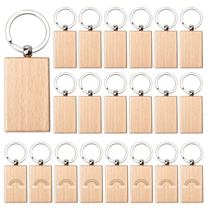 20 Pieces Blank Wooden Key Chain, Rectangle Wood Blanks for Key Chains, Wood Engraving Blanks for DIY Gift Crafts