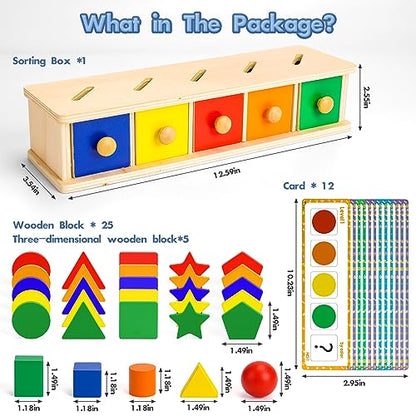Montessori Toys Wooden Color & Shape Sorter Toys for Toddlers 1-3 Matching Box Sorting Blocks Manipulatives Preschool Learning Activities Educational