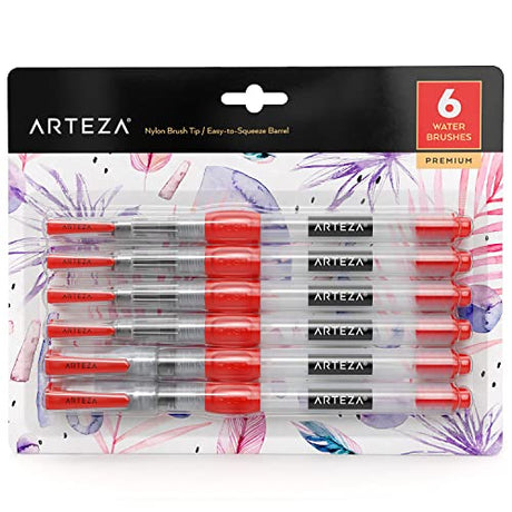 Arteza Water Brush Pens, Set of 6, with Assorted Soft Nylon Bristle Tip Sizes, Self-Moistening Water Color Paint Pens for Aquarelle, Ink, and ARTEZA