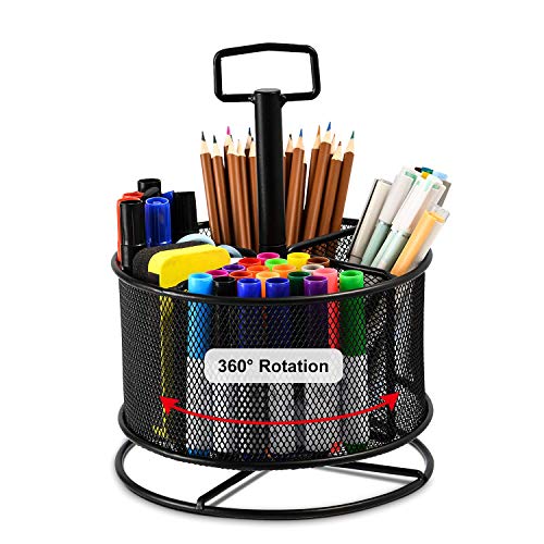 Marbrasse Mesh Desk Organizer, 360-Degree Rotating Multi-Functional Pen Holder, 4 Compartments Desktop Stationary Organizer, Home Office Art Supply Marbrasse