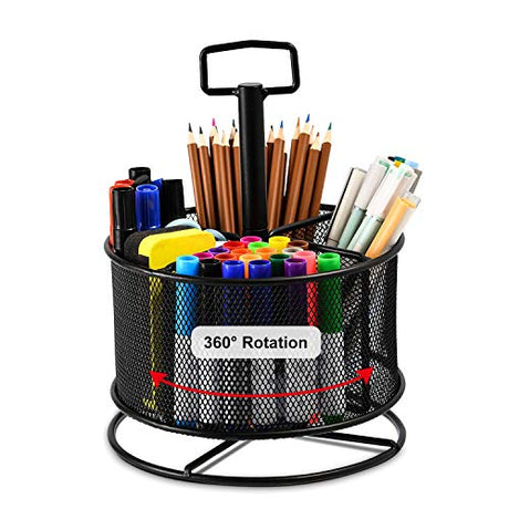 Marbrasse Mesh Desk Organizer, 360-Degree Rotating Multi-Functional Pen Holder, 4 Compartments Desktop Stationary Organizer, Home Office Art Supply Marbrasse