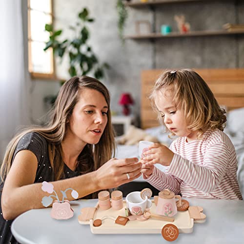 MONT PLEASANT Wooden Tea Set for Little Girls, Wooden Toys, Toddler Tea Set Toy, Play Kitchen Accessories Set, Montessori Toys, Kids Play Kitchen - WoodArtSupply